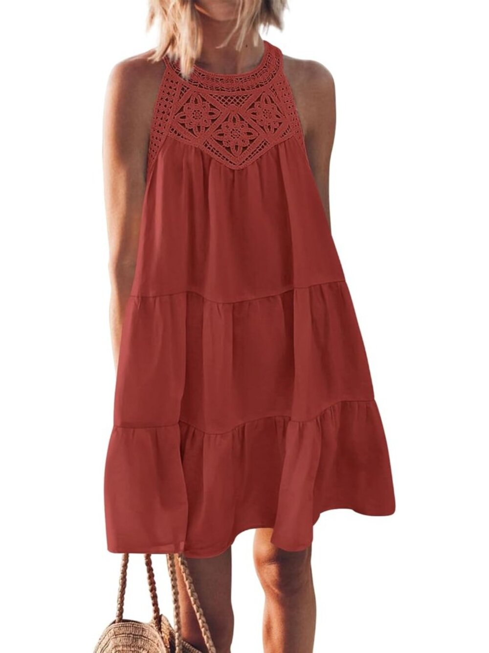 Women's Red Spring Boho Fashion Halter Neck Sleeveless Loose A-Line Mini Beach